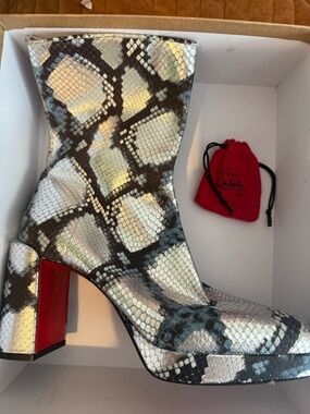 Christian Louboutin Silver and Black Snakeskin Block Heel Ankle Boots